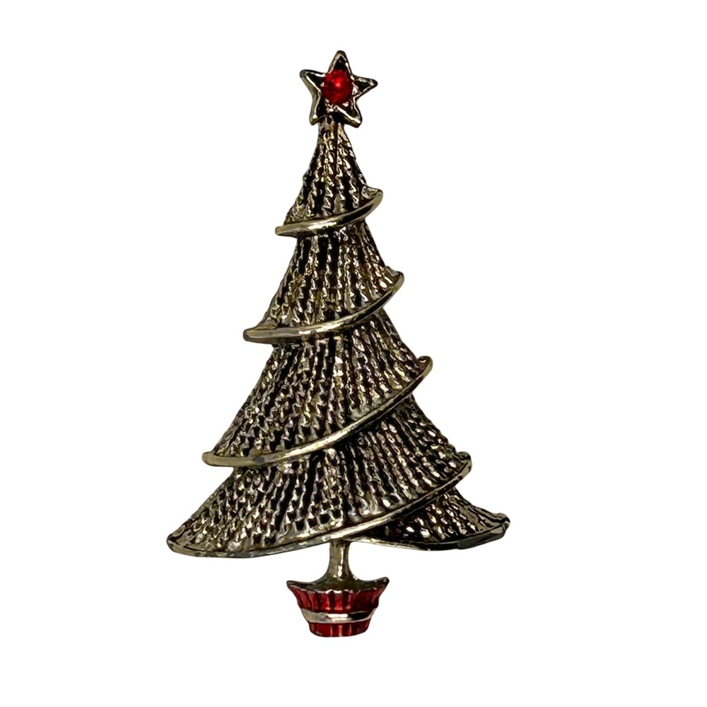 Vintage Gold Tone Christmas Tree Brooch Red Rhinestone Star Holiday Pin